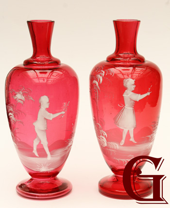 pair cranberry glass Mary Gregory vases